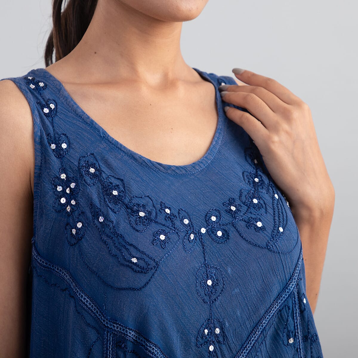 Tamsy Denim Blue Women's Umbrella Dress with Sequin Floral Embroidery - One Size Missy image number 4