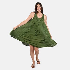 Tamsy Green Women's Umbrella Dress with Sequin Floral Embroidery - One Size Missy
