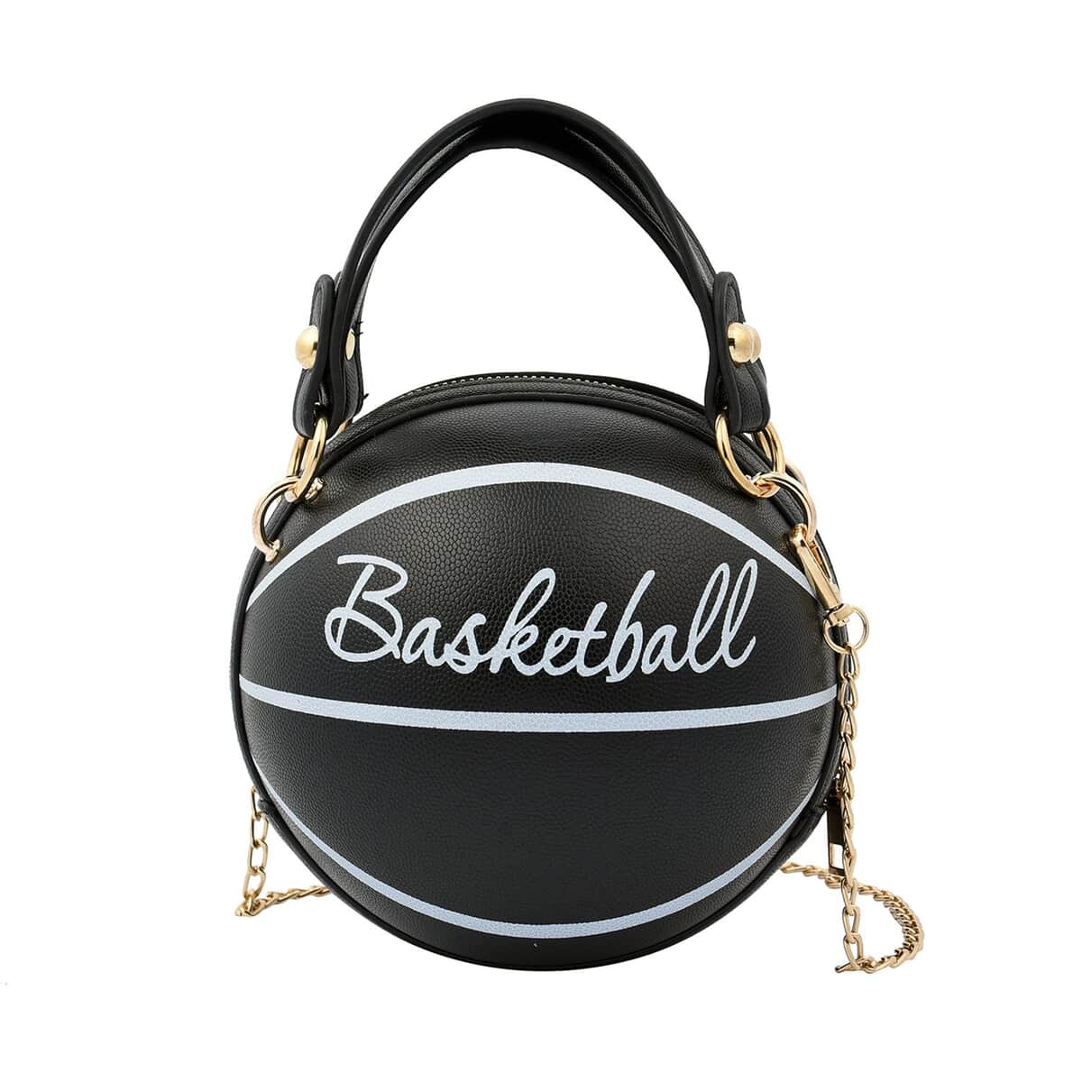 Black Faux Leather Basket Ball Shaped Crossbody Bag with Double Handle Drop and Chain Shoulder Strap image number 0