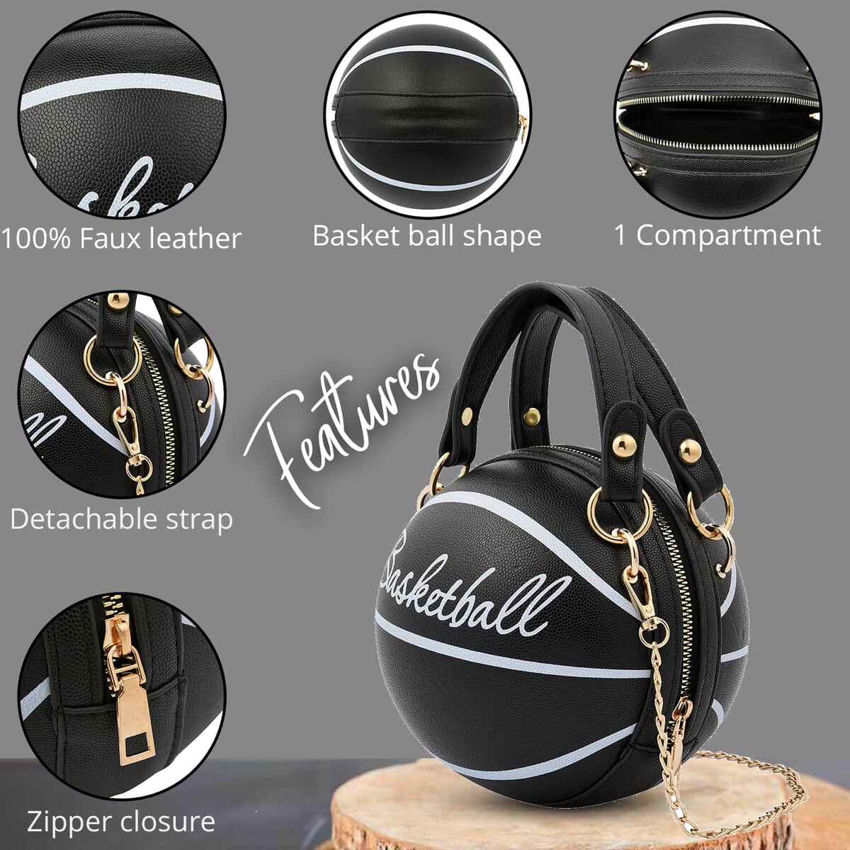 Black Faux Leather Basket Ball Shaped Crossbody Bag with Double Handle Drop and Chain Shoulder Strap image number 1