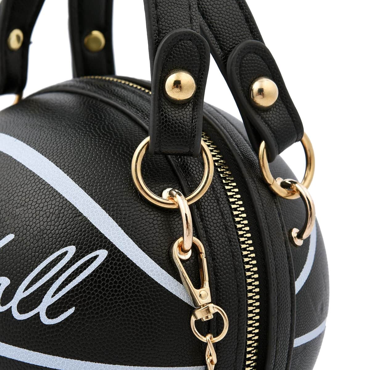 Black Faux Leather Basket Ball Shaped Crossbody Bag with Double Handle Drop and Chain Shoulder Strap image number 4