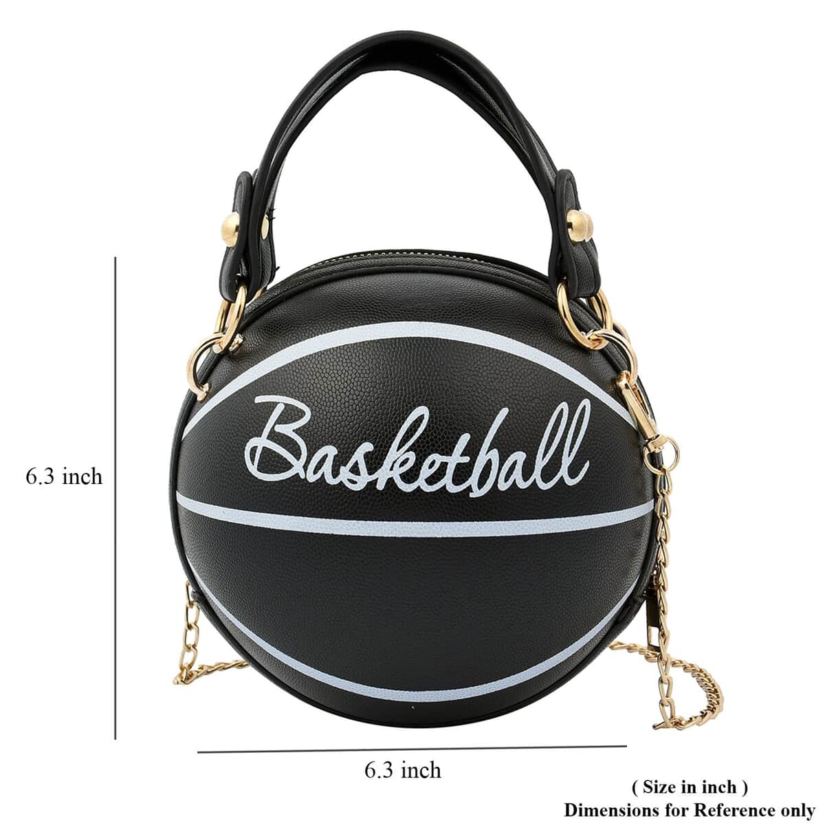 Black Faux Leather Basket Ball Shaped Crossbody Bag with Double Handle Drop and Chain Shoulder Strap image number 6