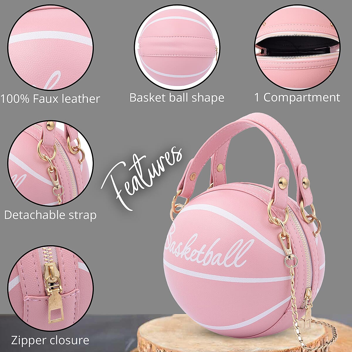 Pink Faux Leather Basket Ball Shaped Crossbody Bag with Double Handle Drop and Chain Shoulder Strap image number 1