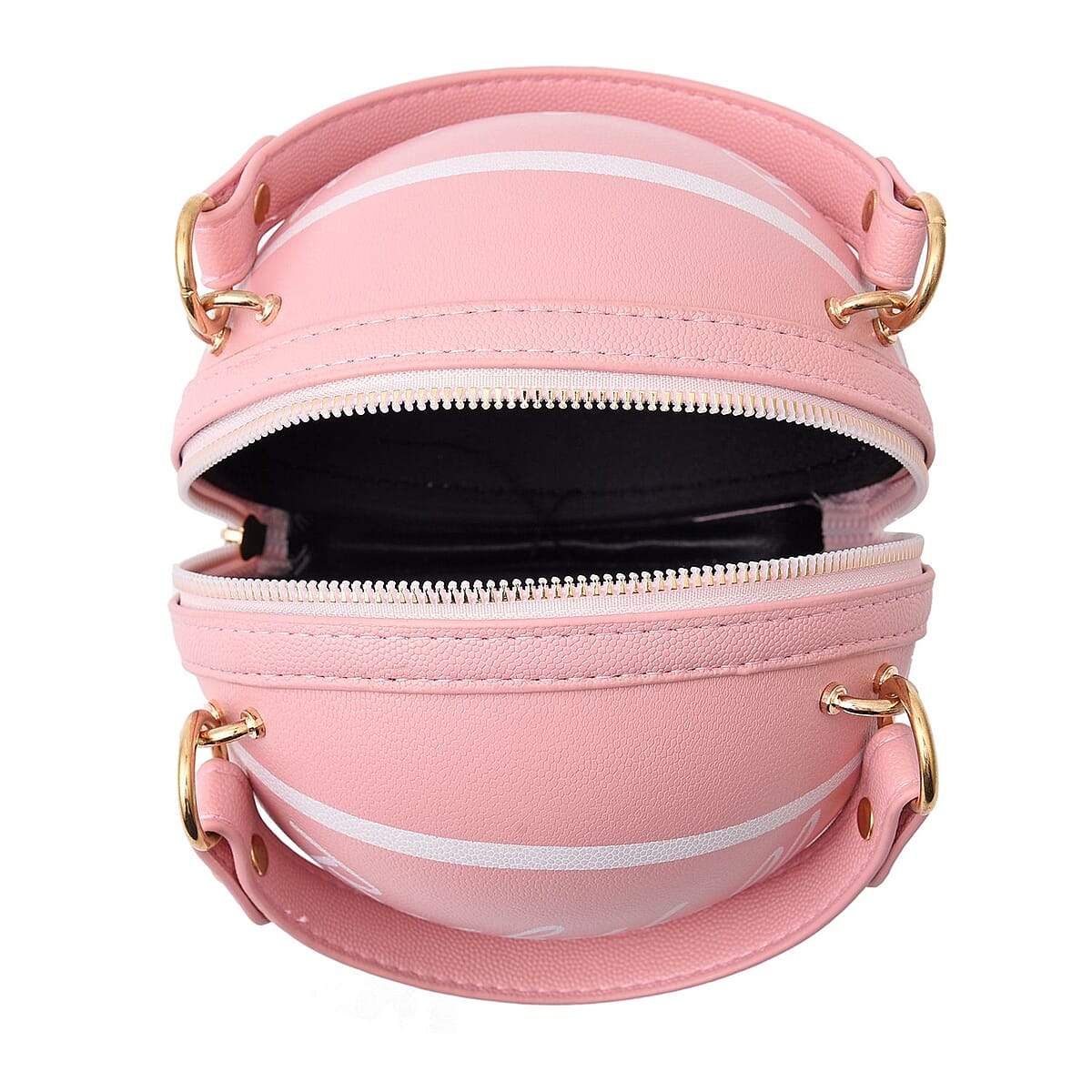 Pink Faux Leather Basket Ball Shaped Crossbody Bag with Double Handle Drop and Chain Shoulder Strap image number 3