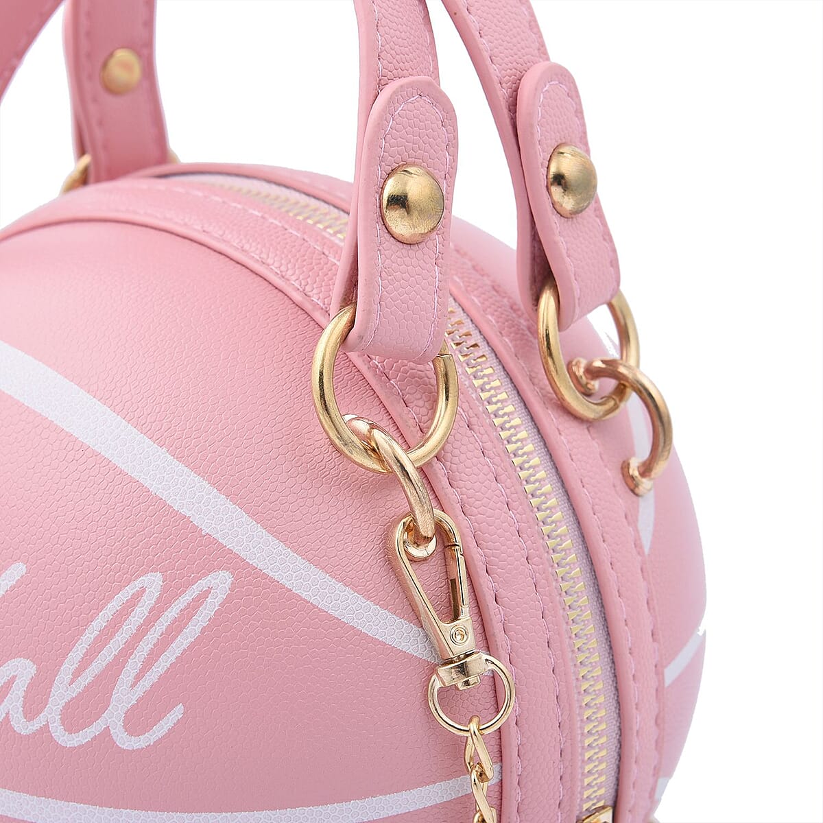 Pink Faux Leather Basket Ball Shaped Crossbody Bag with Double Handle Drop and Chain Shoulder Strap image number 4