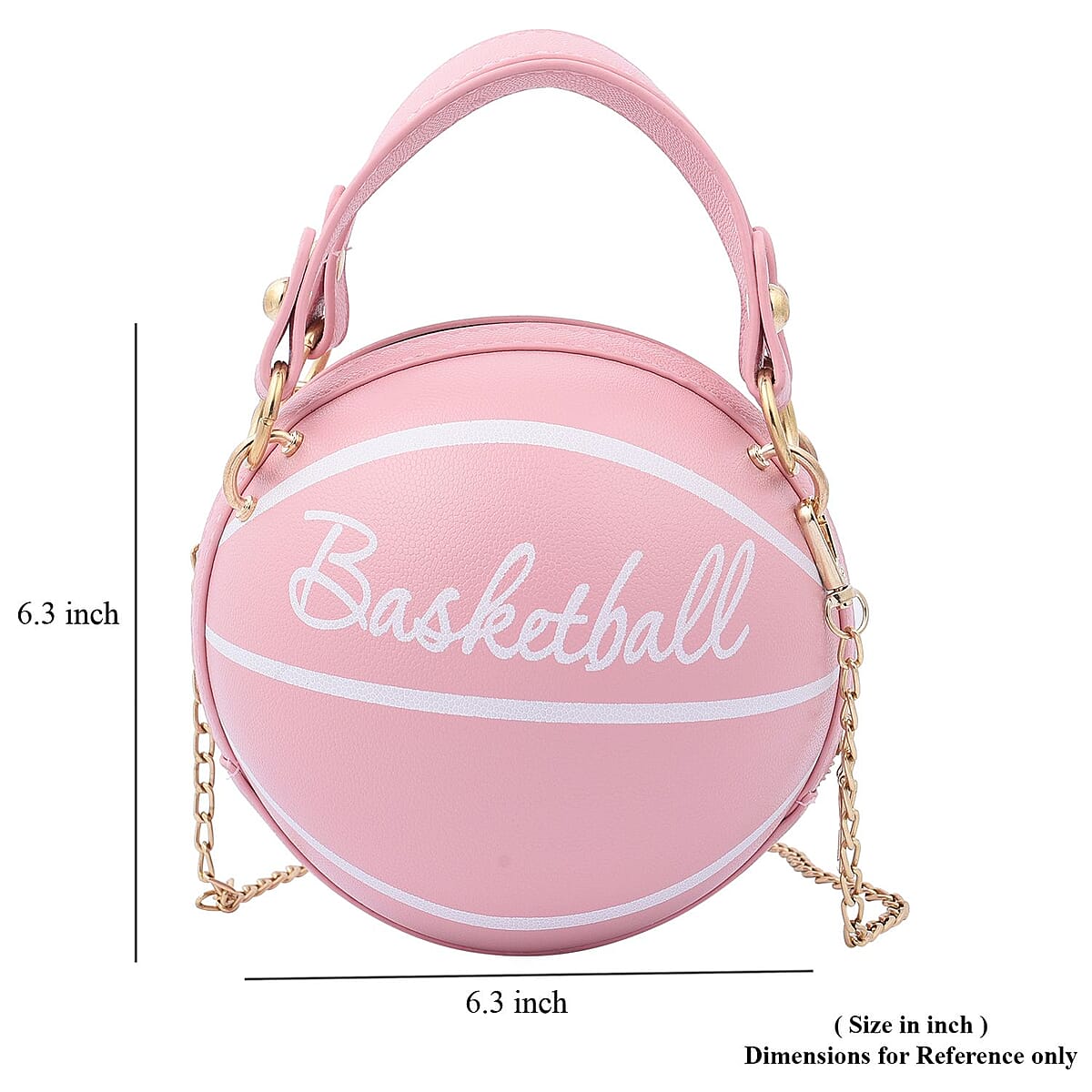 Pink Faux Leather Basket Ball Shaped Crossbody Bag with Double Handle Drop and Chain Shoulder Strap image number 6