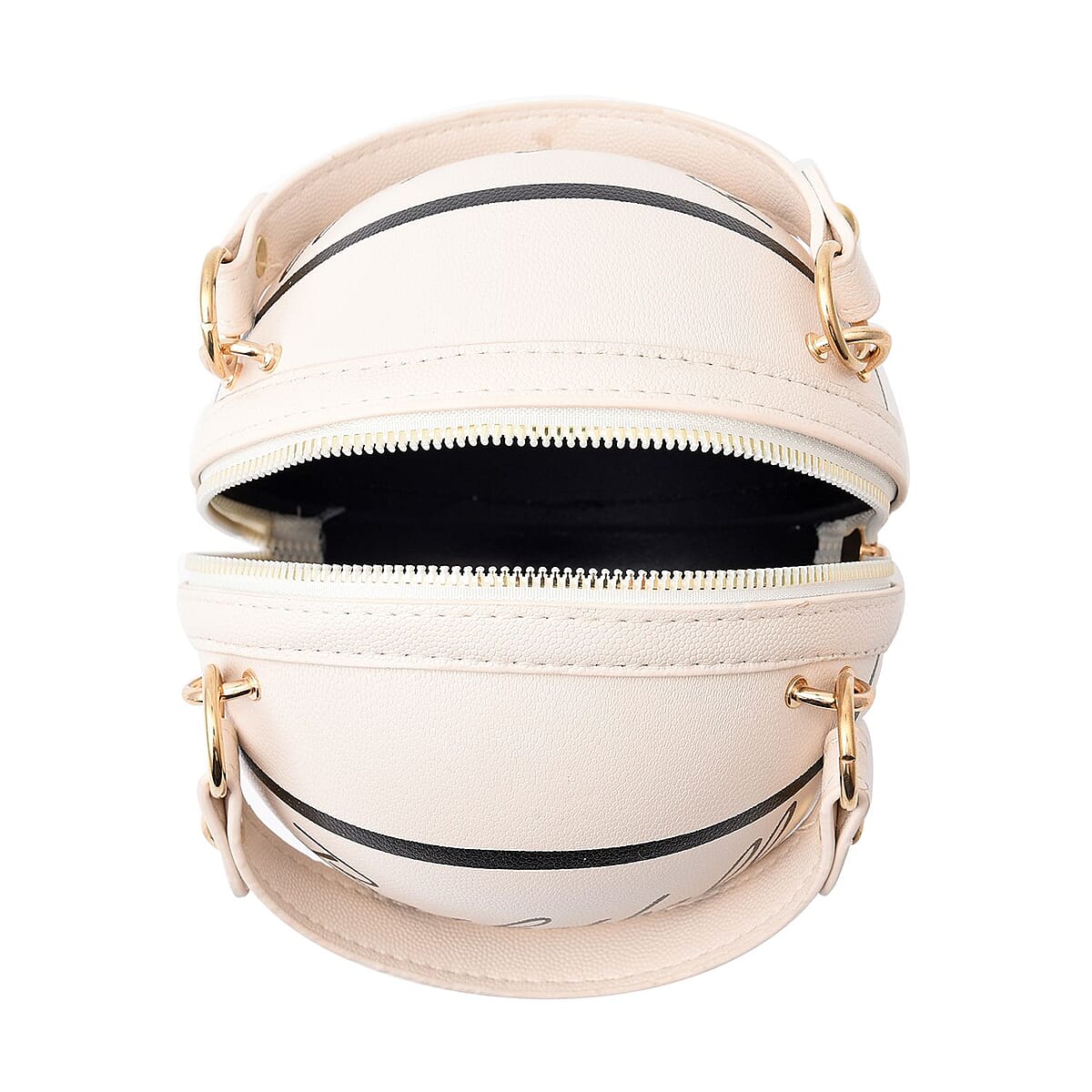 White Faux Leather Basket Ball Shaped Crossbody Bag with Double Handle Drop and Chain Shoulder Strap image number 3
