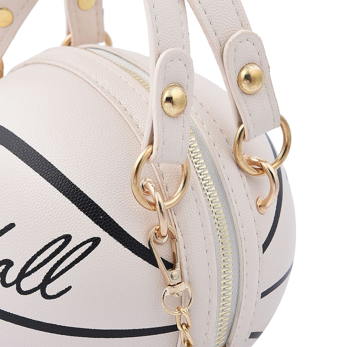 White Faux Leather Basket Ball Shaped Crossbody Bag with Double Handle Drop and Chain Shoulder Strap image number 4