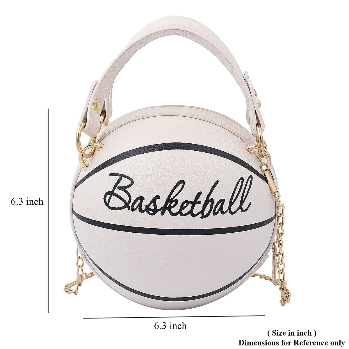 White Faux Leather Basket Ball Shaped Crossbody Bag with Double Handle Drop and Chain Shoulder Strap image number 6