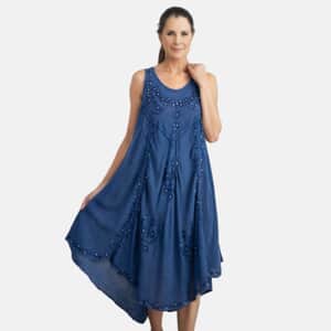 Tamsy Denim Blue Women's Umbrella Dress with Sequin Floral Embroidery - One Size Plus