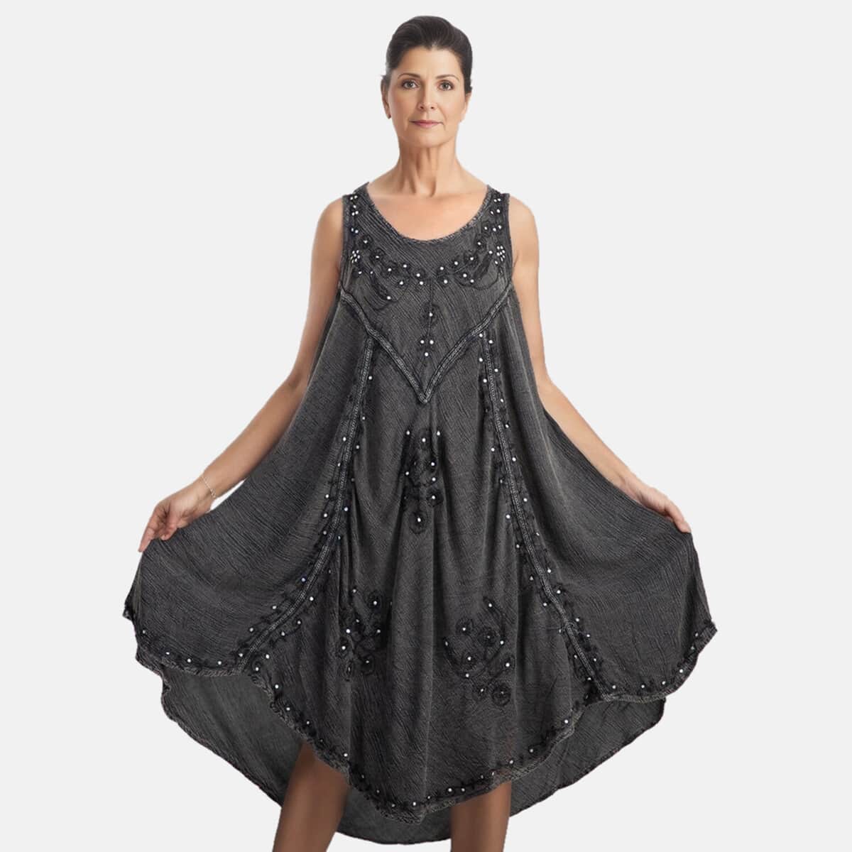 Tamsy Gray Women's Umbrella Dress with Sequin Floral Embroidery - One Size Plus image number 2