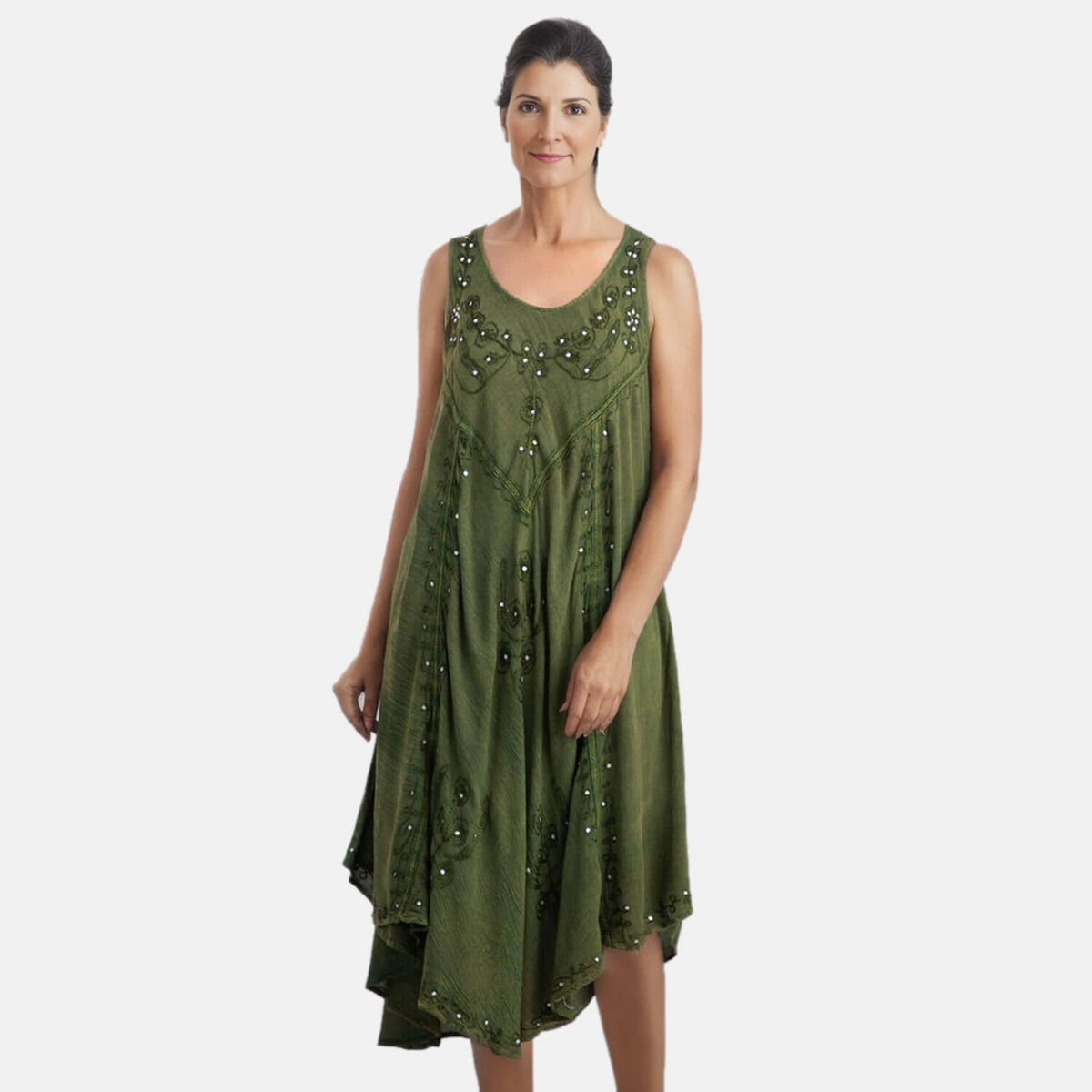 Tamsy Green Women's Umbrella Dress with Sequin Floral Embroidery - One Size Plus image number 0