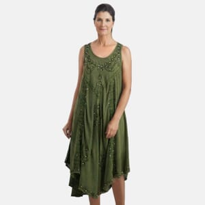 Tamsy Green Women's Umbrella Dress with Sequin Floral Embroidery - One Size Plus