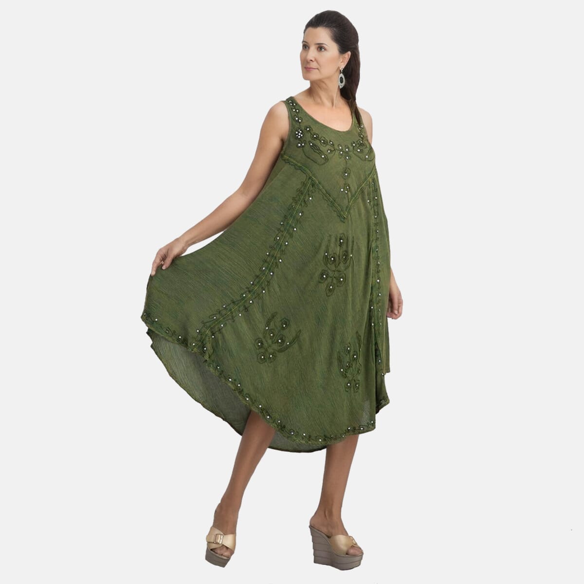 Tamsy Green Women's Umbrella Dress with Sequin Floral Embroidery - One Size Plus image number 3