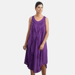 Tamsy Purple Women's Umbrella Dress with Sequin Floral Embroidery - One Size Plus