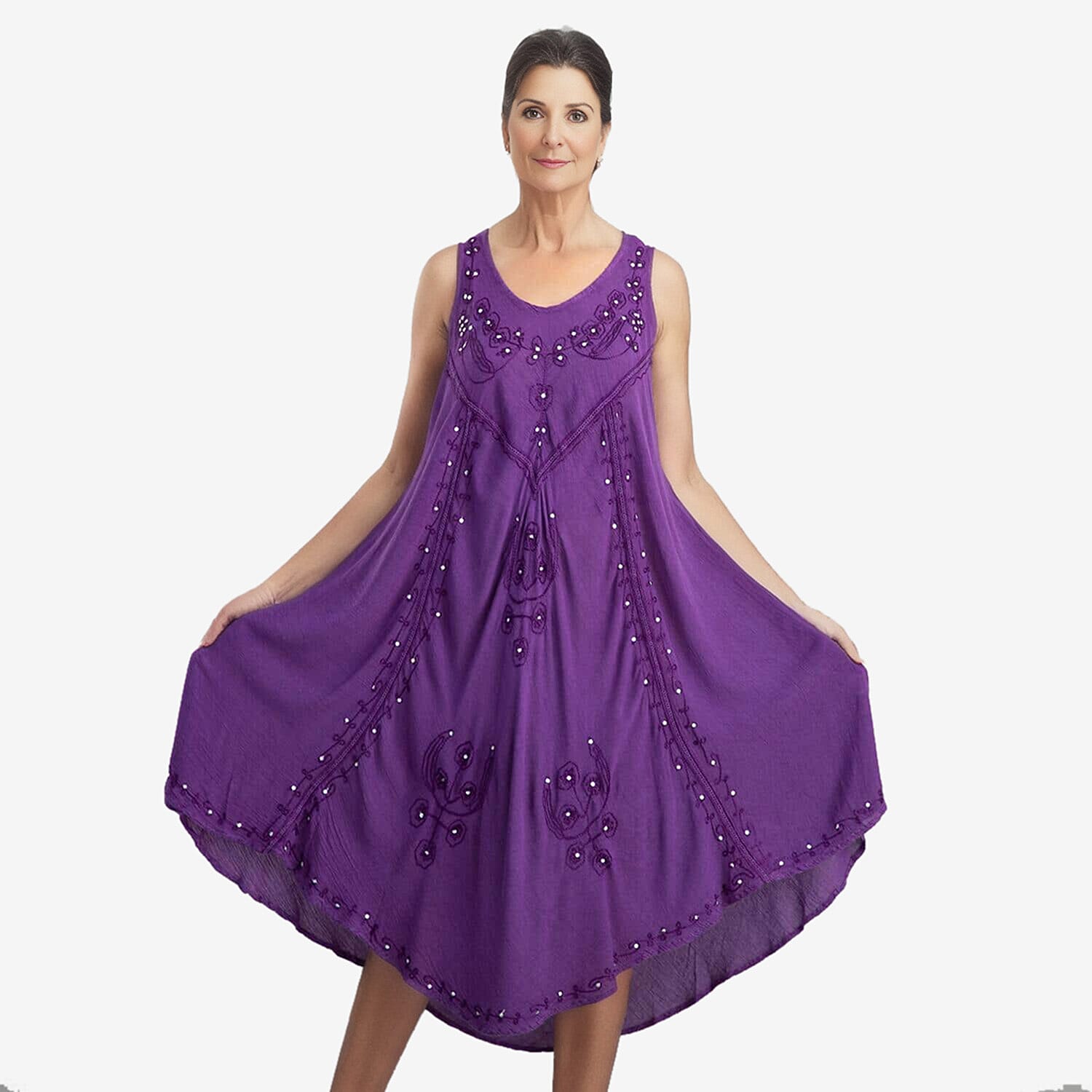Tamsy Purple Women's Umbrella Dress with Sequin Floral Embroidery - One Size Plus