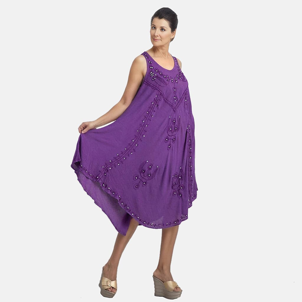 Tamsy Purple Women's Umbrella Dress with Sequin Floral Embroidery - One Size Plus