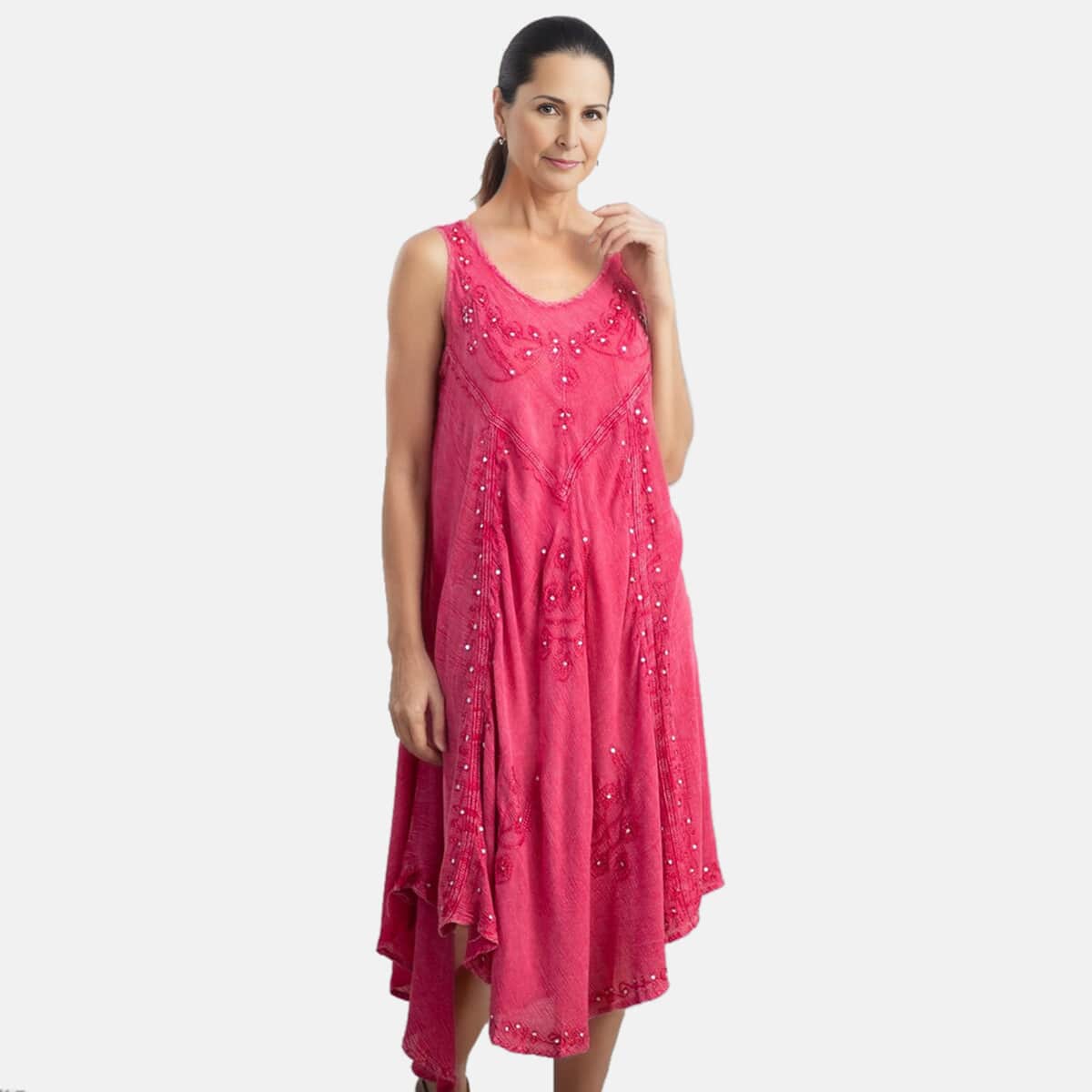 Tamsy Hot Pink Women's Umbrella Dress with Sequin Floral Embroidery - One Size Plus image number 0