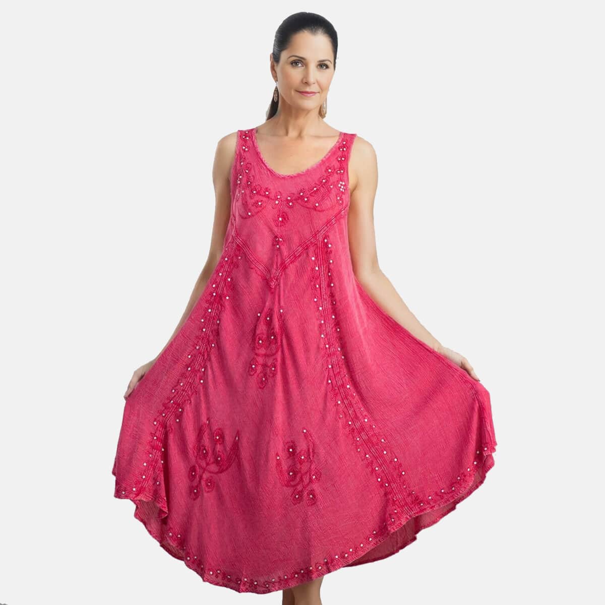 Tamsy Hot Pink Women's Umbrella Dress with Sequin Floral Embroidery - One Size Plus image number 2