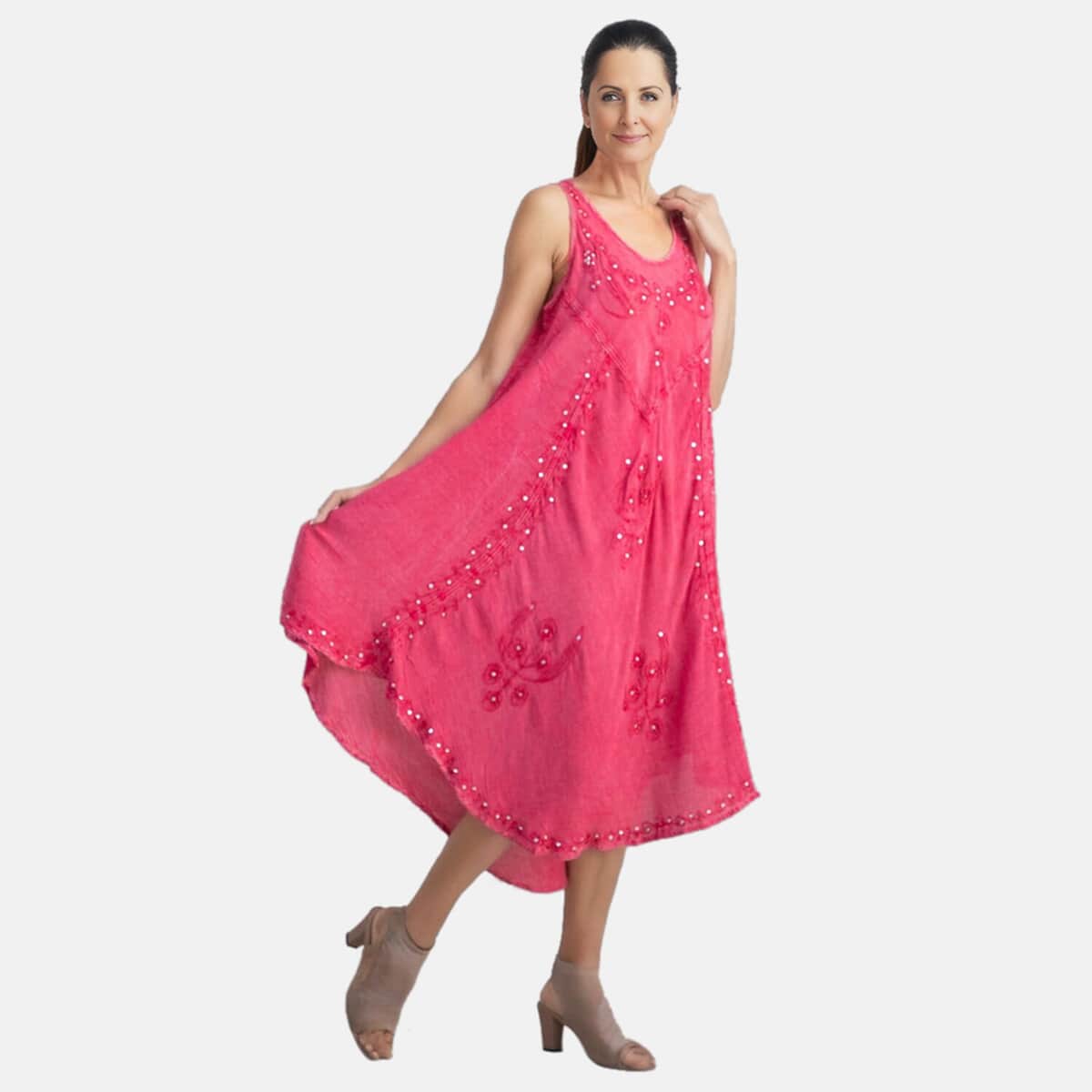 Tamsy Hot Pink Women's Umbrella Dress with Sequin Floral Embroidery - One Size Plus image number 3