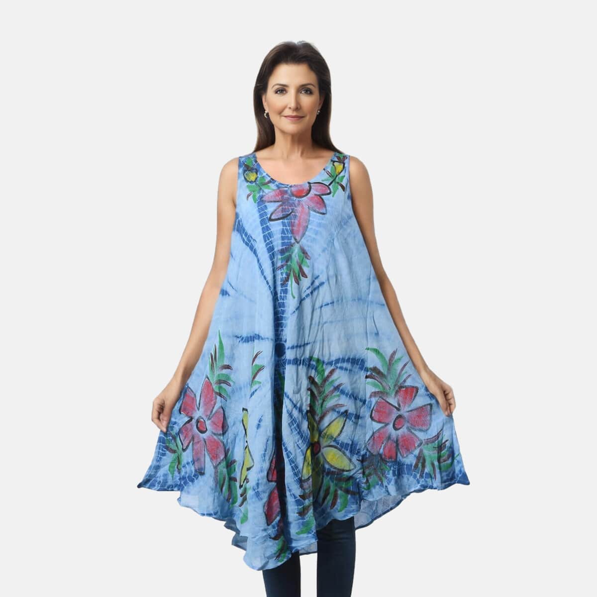 Tamsy Blue Aqua Stripe Tie Dye with Floral Umbrella Dress - One Size Fits Most image number 0