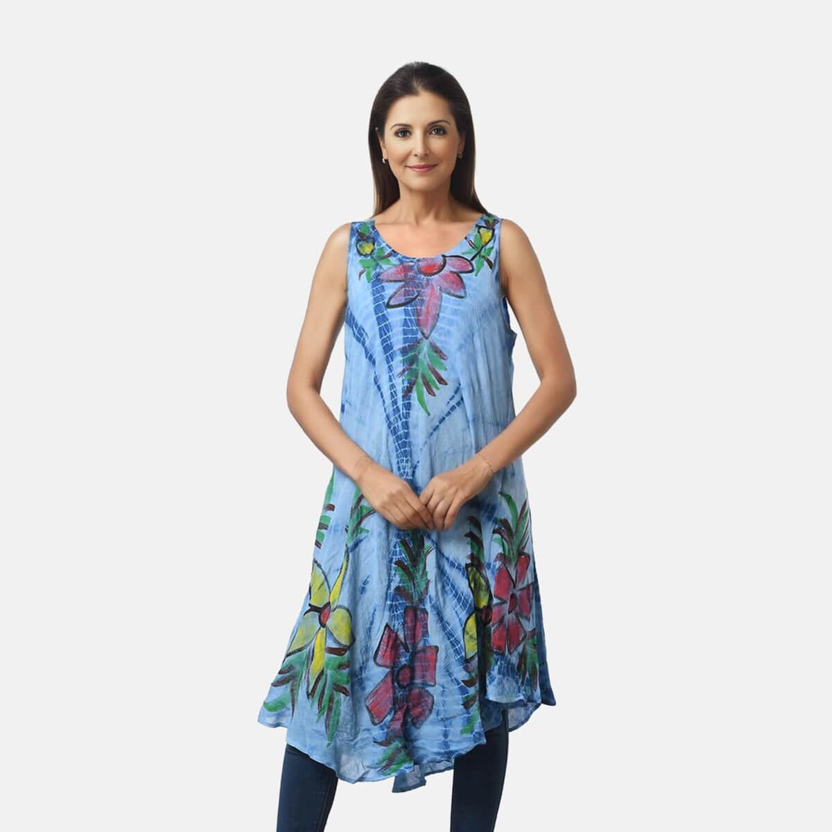 Tamsy Blue Aqua Stripe Tie Dye with Floral Umbrella Dress - One Size Fits Most image number 2