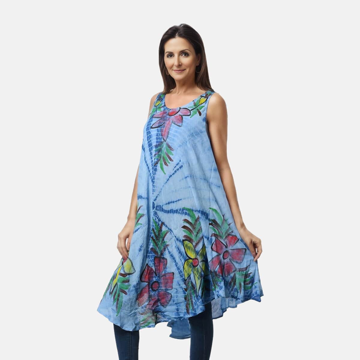 Tamsy Blue Aqua Stripe Tie Dye with Floral Umbrella Dress - One Size Fits Most image number 3