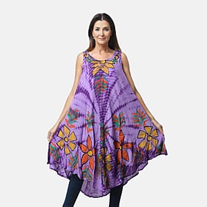 Tamsy Purple Aqua Stripe Tie Dye with Floral Umbrella Dress - One Size Fits Most