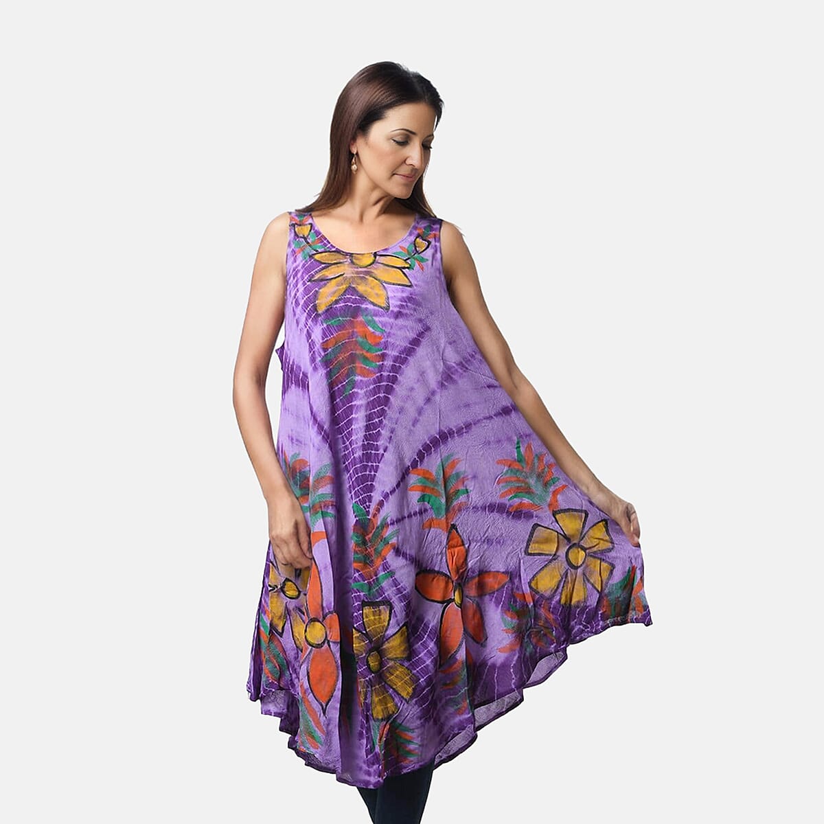 Tamsy Purple Aqua Stripe Tie Dye with Floral Umbrella Dress - One Size Fits Most image number 2