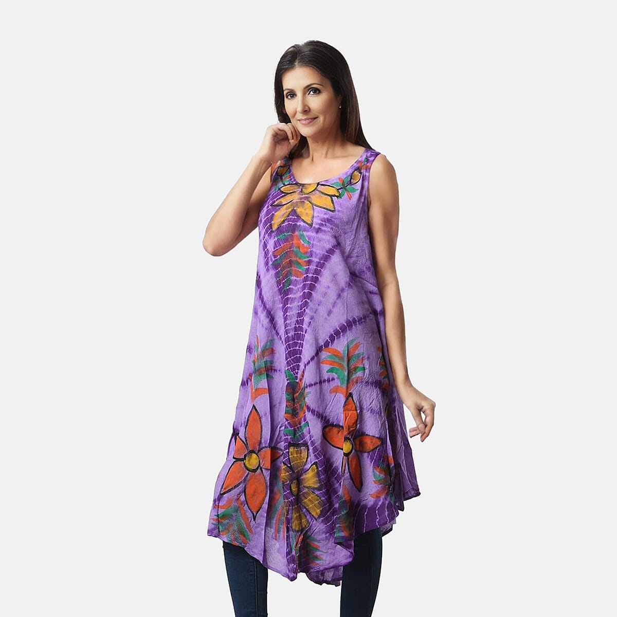 Tamsy Purple Aqua Stripe Tie Dye with Floral Umbrella Dress - One Size Fits Most image number 3