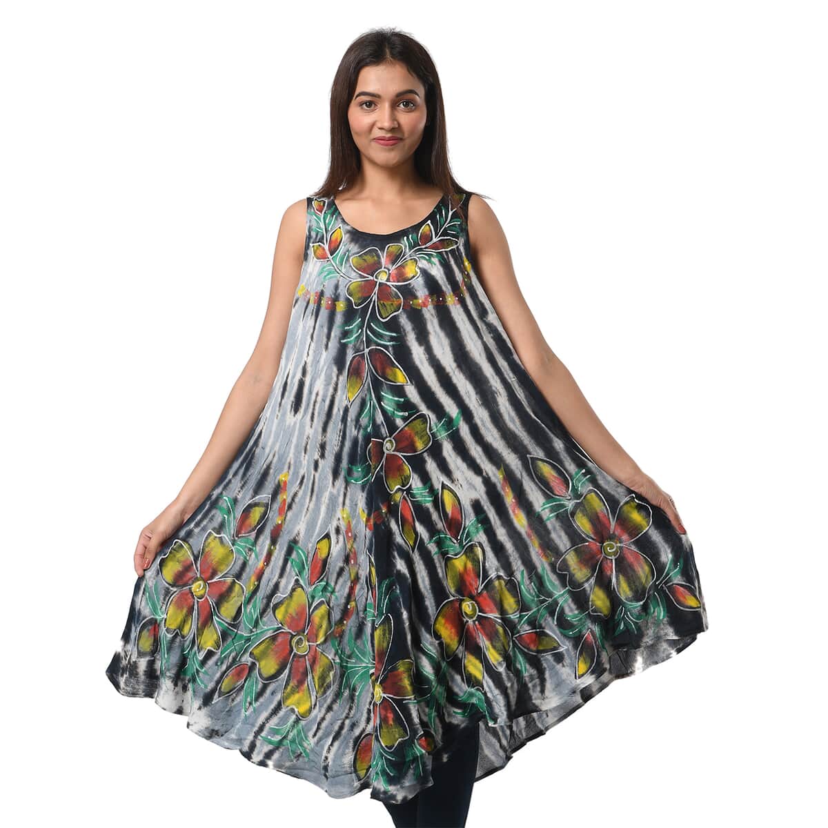 TAMSY Black Stripe Tie Dye with Floral Umbrella Dress - One Size Fits Most (48"x44") image number 0