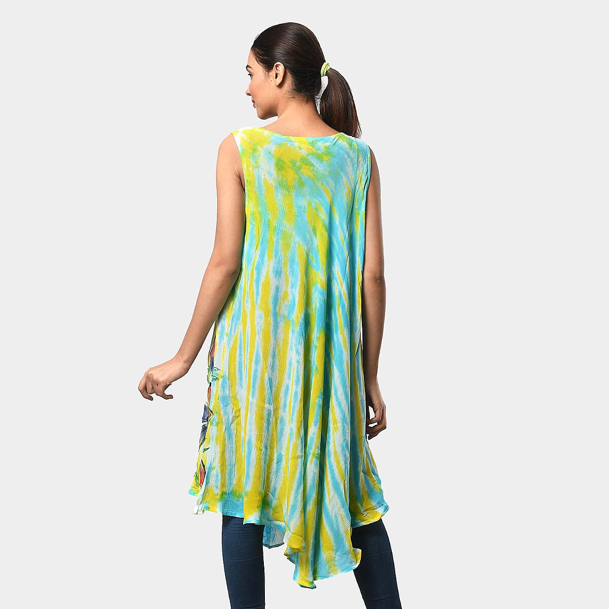 Tamsy Sky Blue Aqua And Yellow Tie Dye with Floral Umbrella Dress - One Size Fits Most image number 1