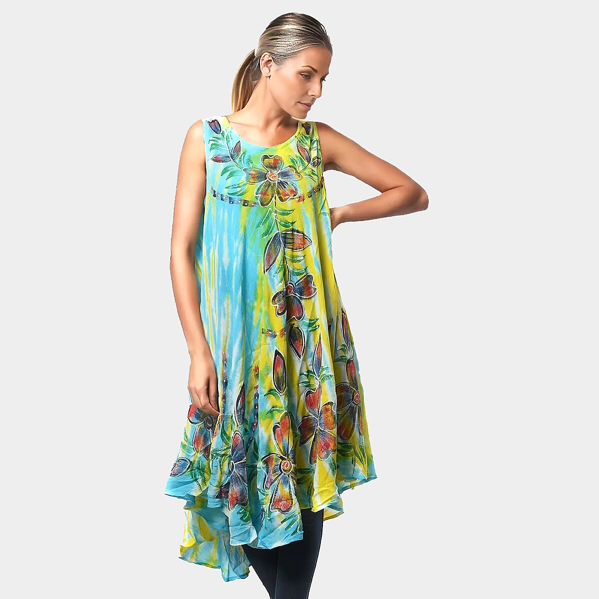 Tamsy Sky Blue Aqua And Yellow Tie Dye with Floral Umbrella Dress - One Size Fits Most image number 2