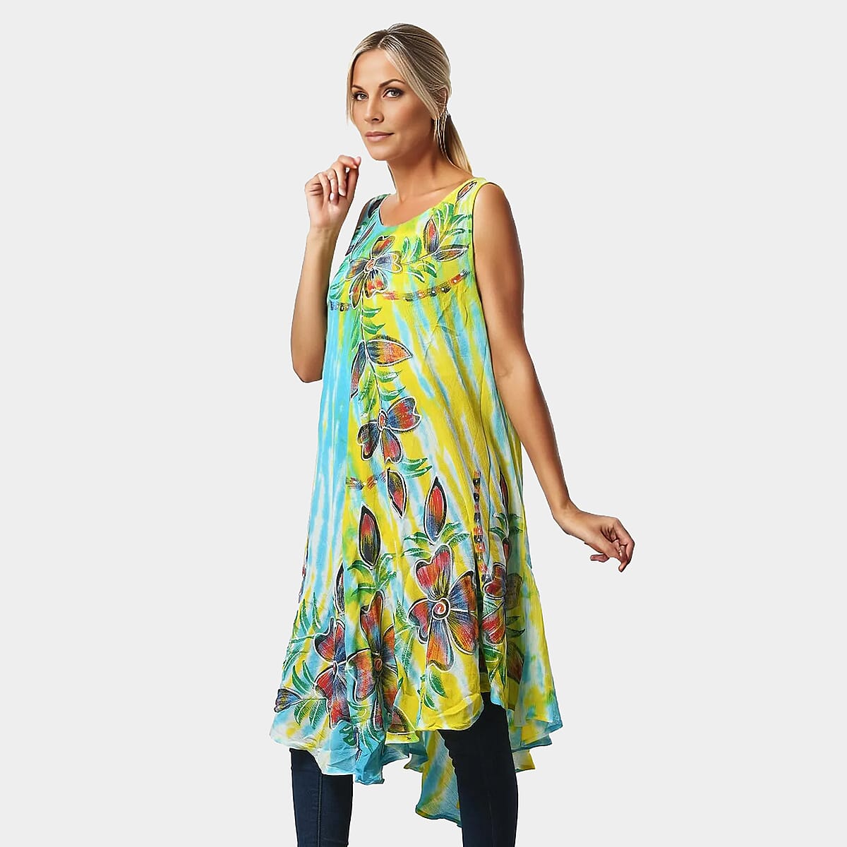 Tamsy Sky Blue Aqua And Yellow Tie Dye with Floral Umbrella Dress - One Size Fits Most image number 3