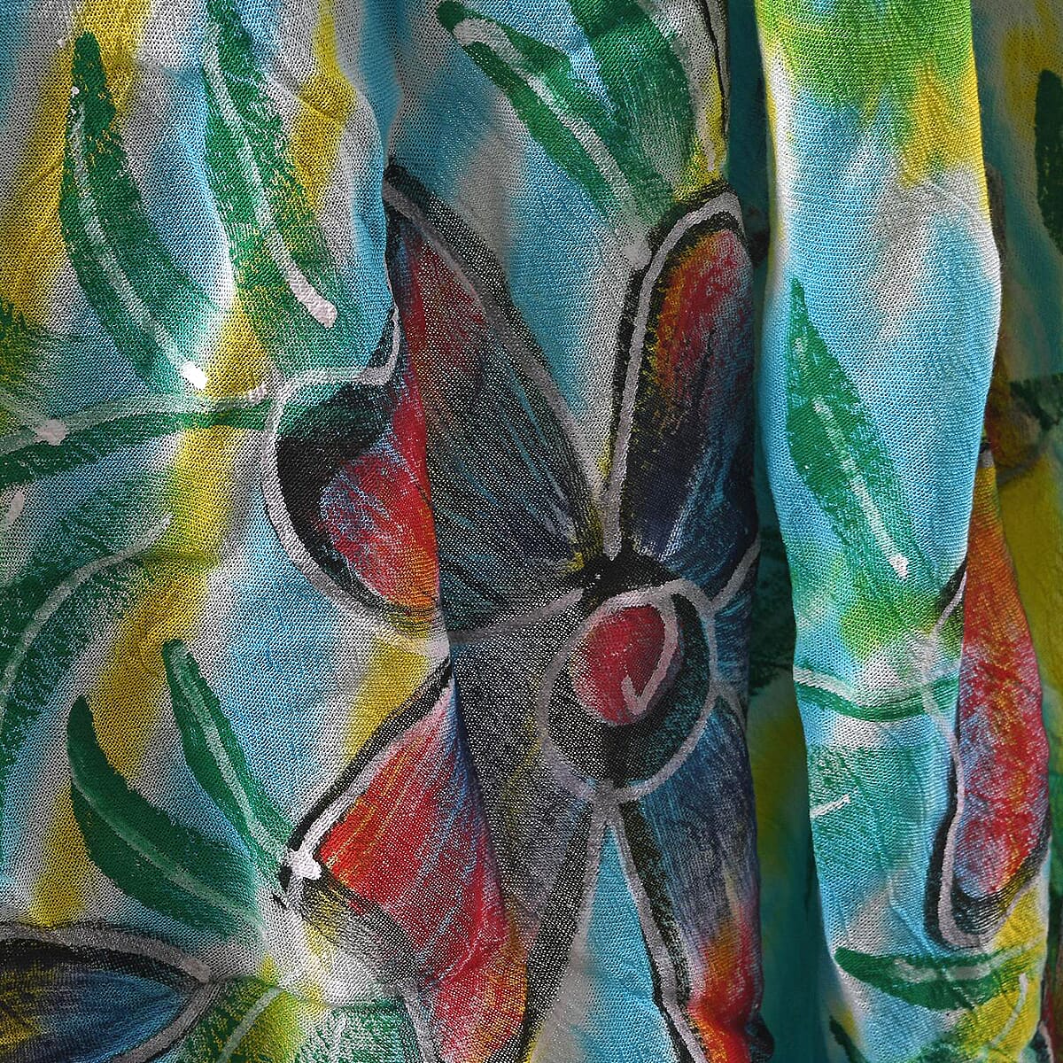 Tamsy Sky Blue Aqua And Yellow Tie Dye with Floral Umbrella Dress - One Size Fits Most image number 4