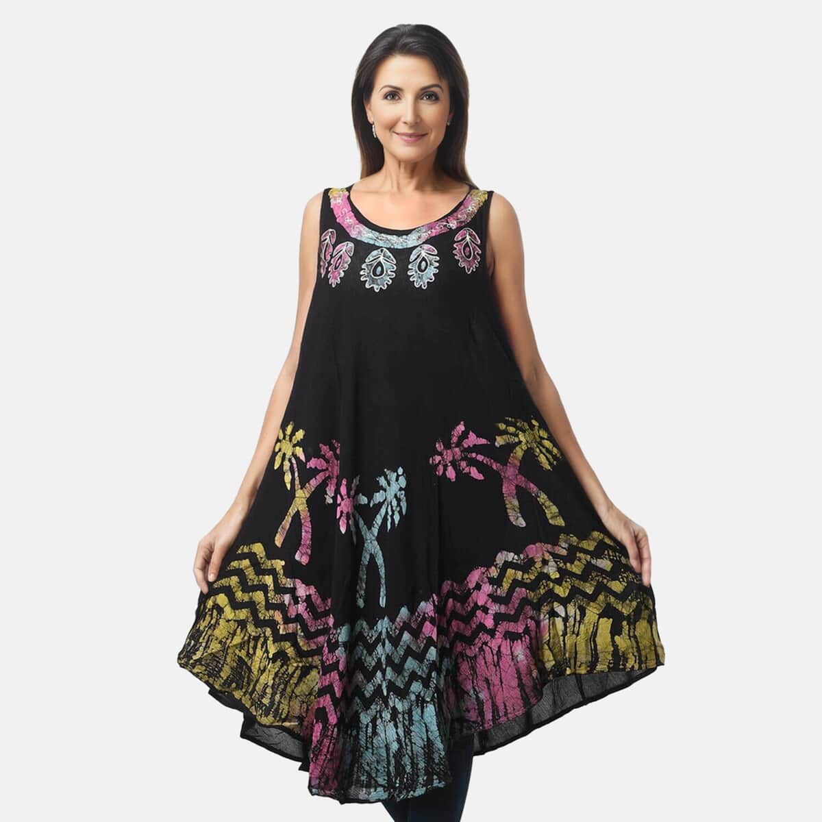 Tamsy Black with Rainbow Palm Tree Print Umbrella Dress - One Size Fits Most image number 0