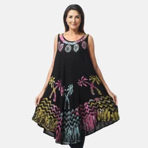 Tamsy Black with Rainbow Palm Tree Print Umbrella Dress - One Size Fits Most