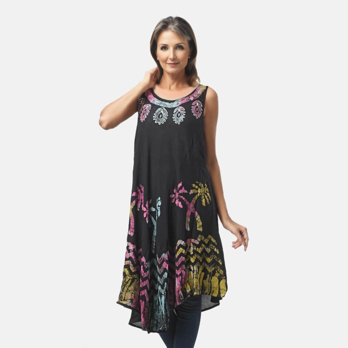 Tamsy Black with Rainbow Palm Tree Print Umbrella Dress - One Size Fits Most image number 2