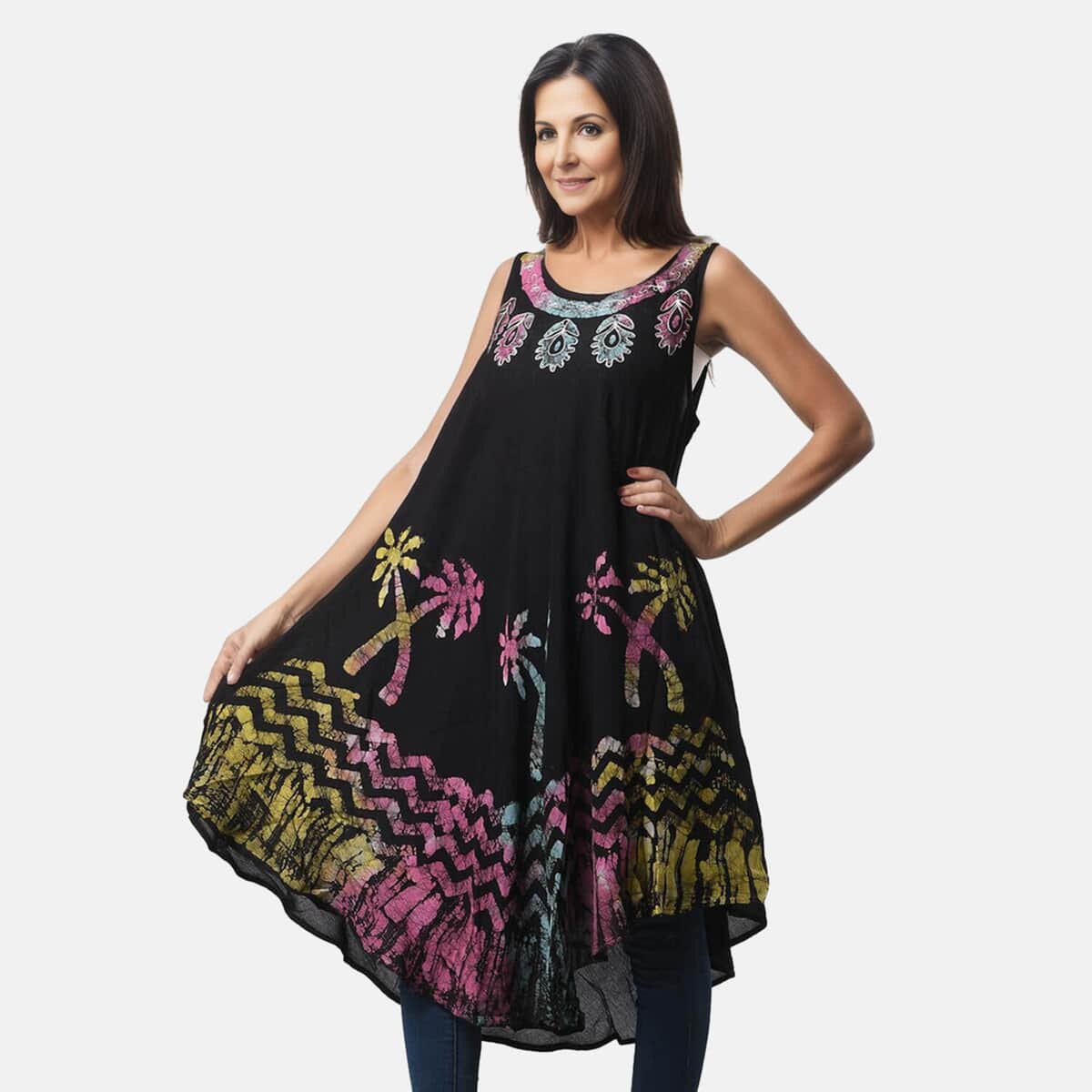 Tamsy Black with Rainbow Palm Tree Print Umbrella Dress - One Size Fits Most image number 3