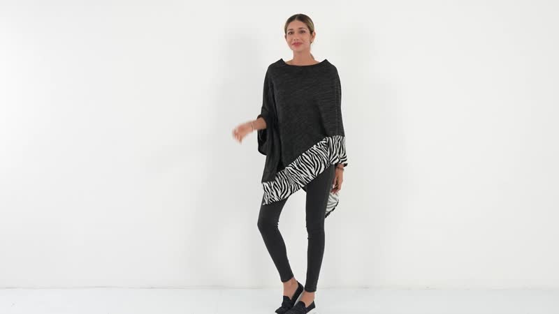 PASSAGE Black with White Zebra Print Border Knit Poncho