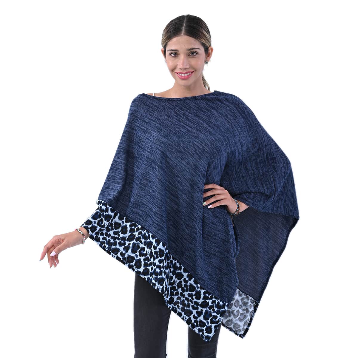 Passage Navy with Blue Leopard Print Pattern Border Knit Poncho image number 0