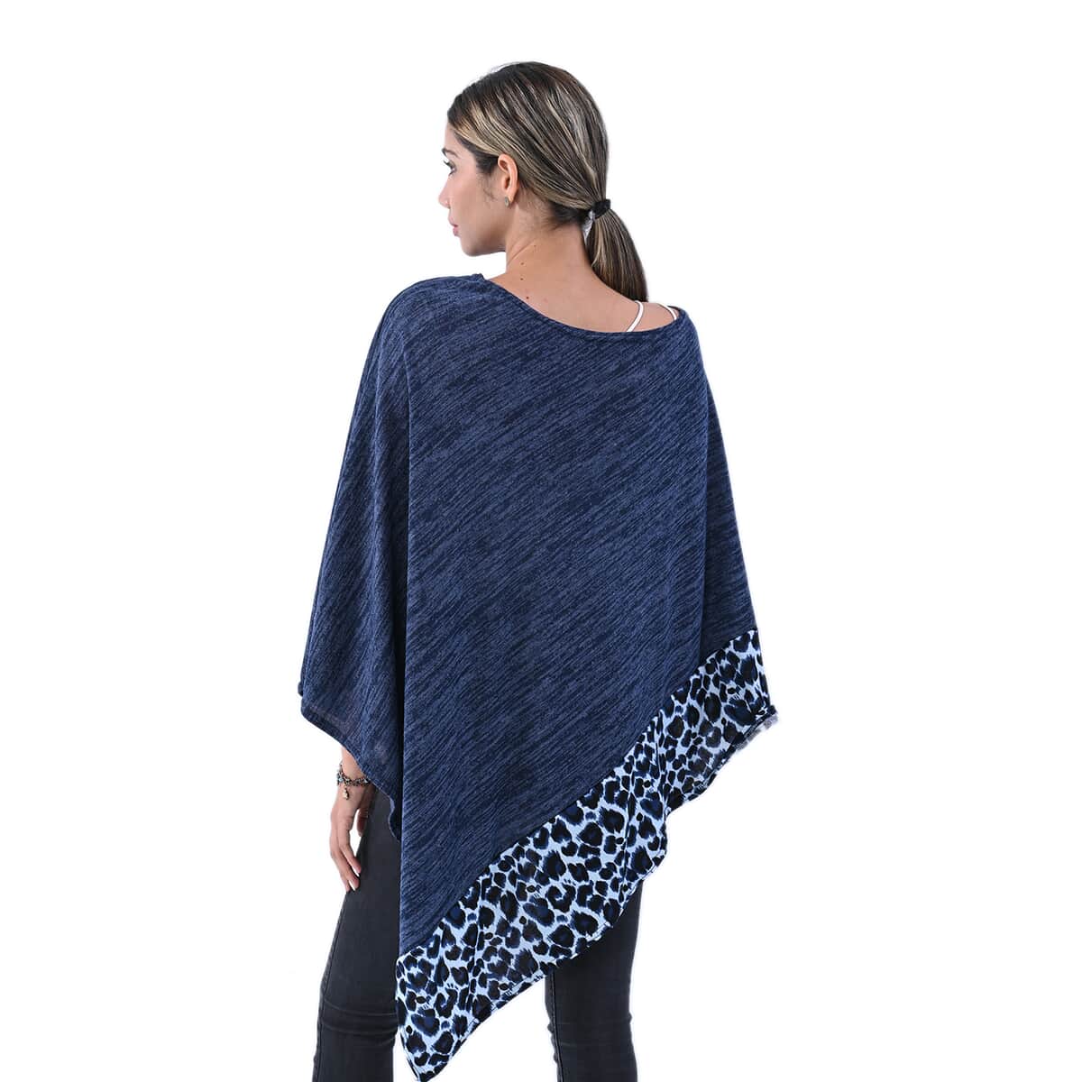 Passage Navy with Blue Leopard Print Pattern Border Knit Poncho image number 1