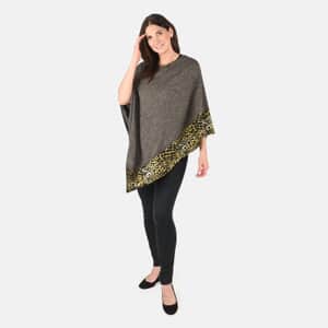 Passage Sage Green with Yellow Leopard Print Pattern Border Knit Poncho