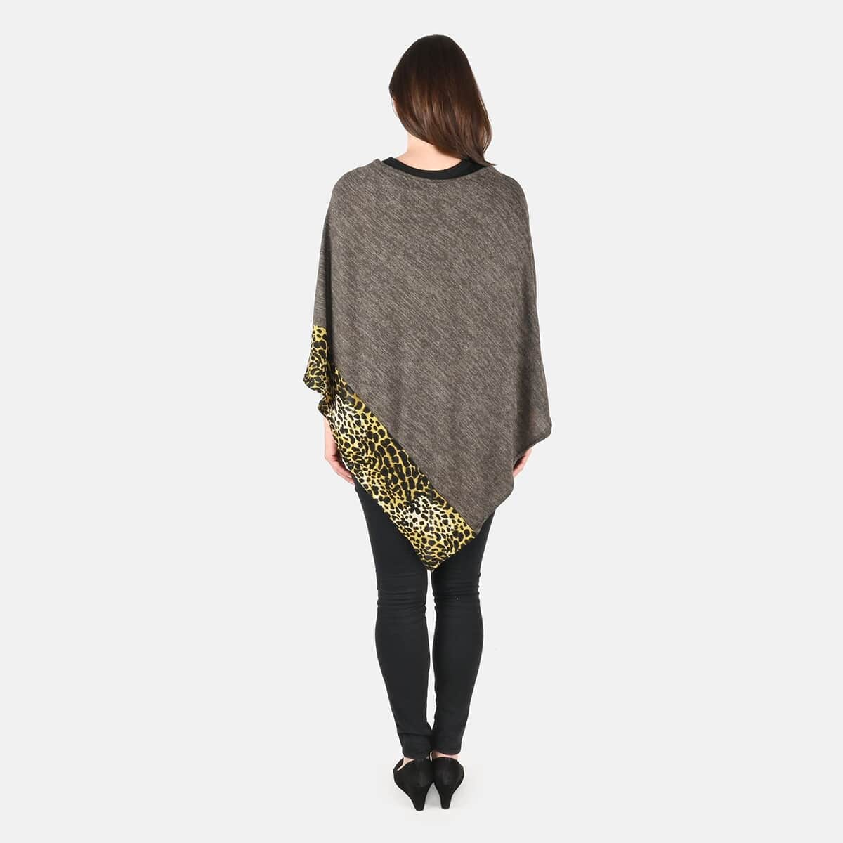 Passage Sage Green with Yellow Leopard Print Pattern Border Knit Poncho image number 1