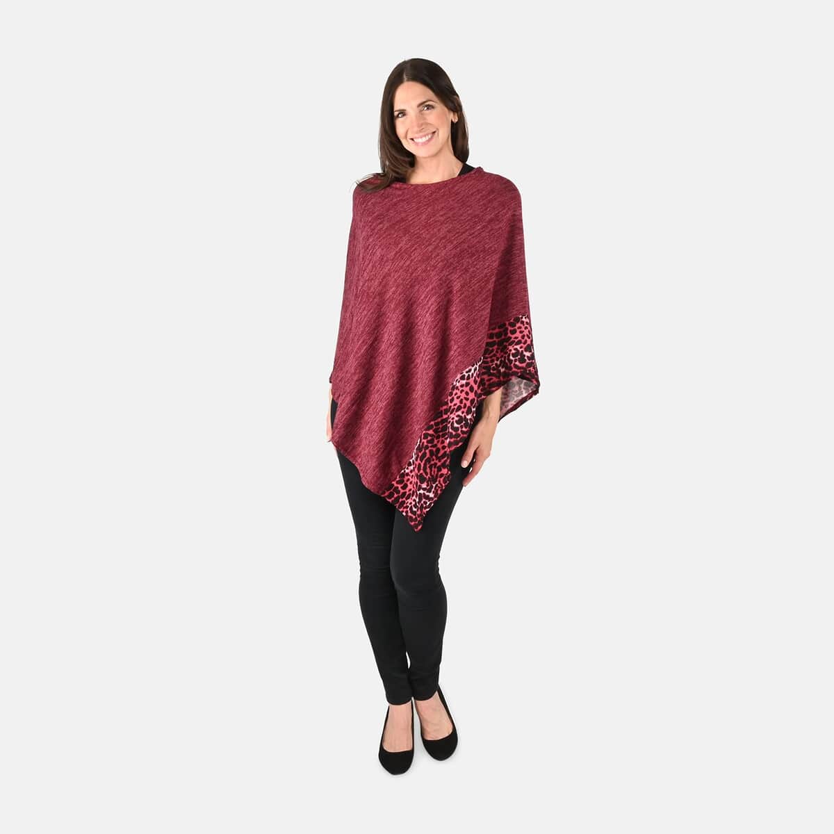 Passage Burgundy with Burgundy Leopard Print Pattern Border Knit Poncho image number 0