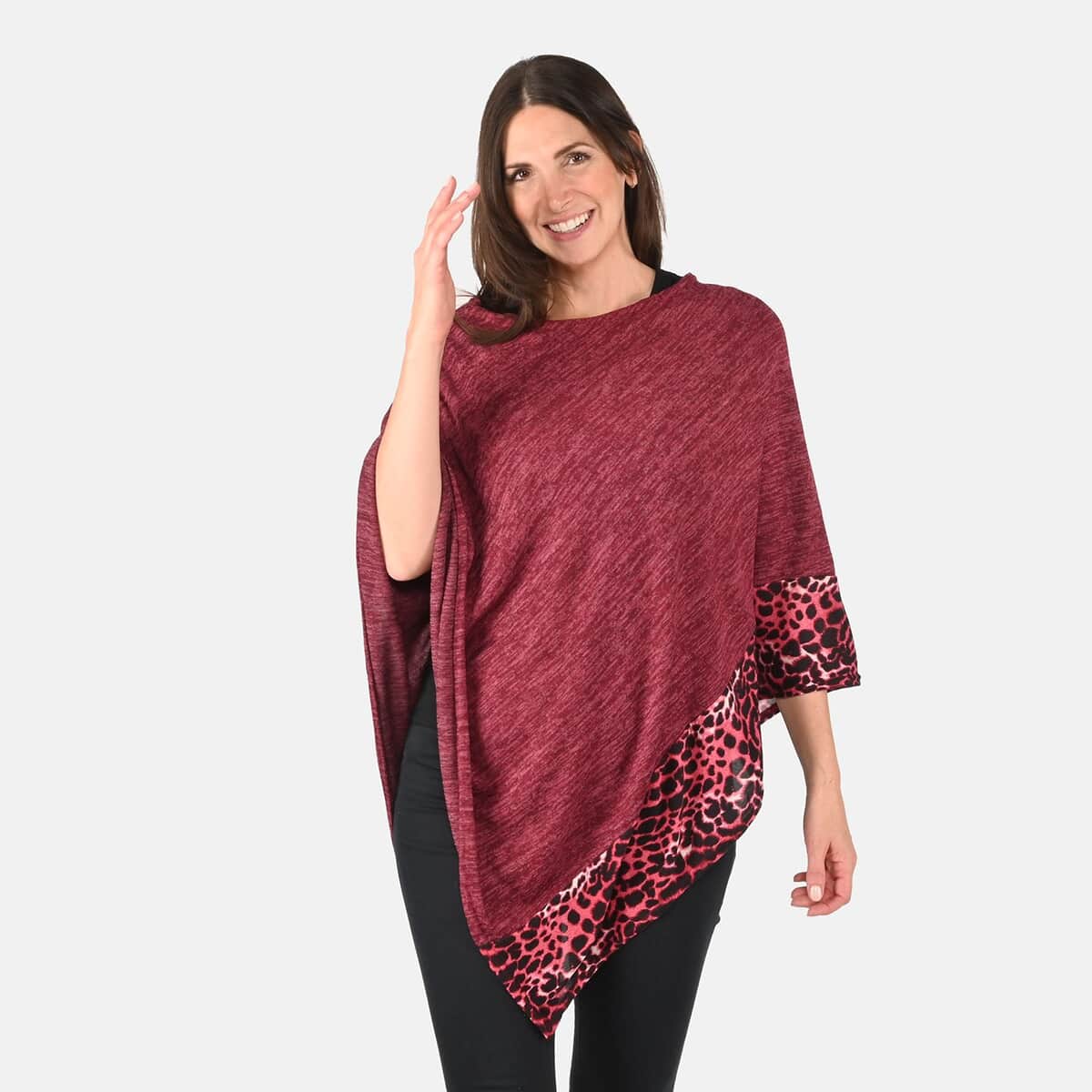 Passage Burgundy with Burgundy Leopard Print Pattern Border Knit Poncho image number 3