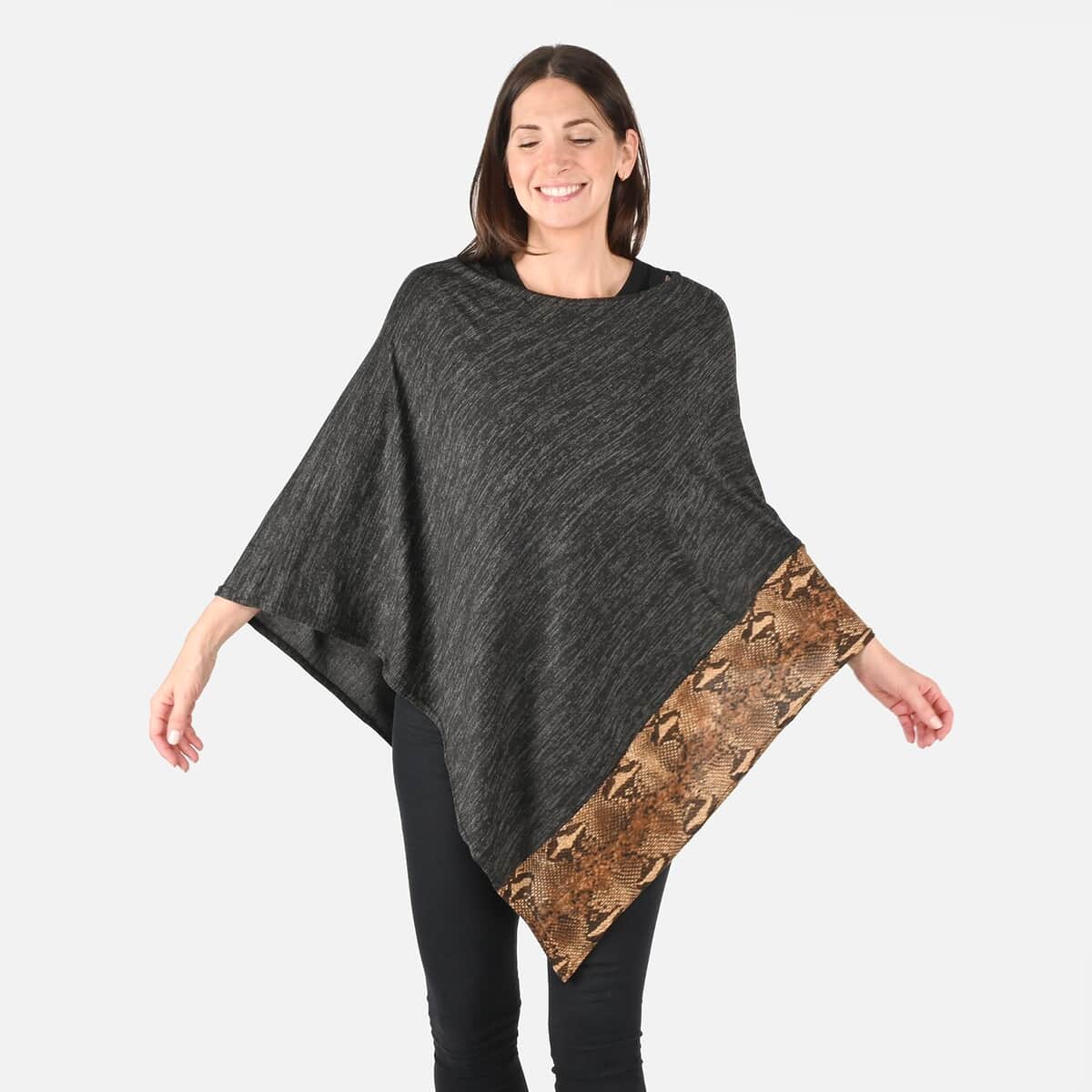 Passage Black with Brown Snake Print Pattern Border Knit Poncho image number 3