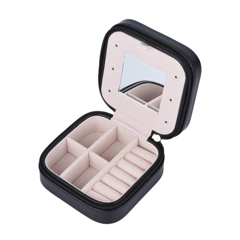 Black Faux Leather Jewelry Box with Zipper and Scratch Protection Interior (Hold up to 6 Rings, Earrings)