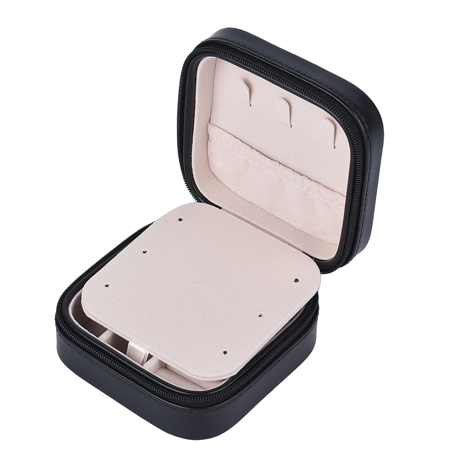 Black Faux Leather Jewelry Box with Zipper and Scratch Protection Interior (Hold up to 6 Rings, Earrings)