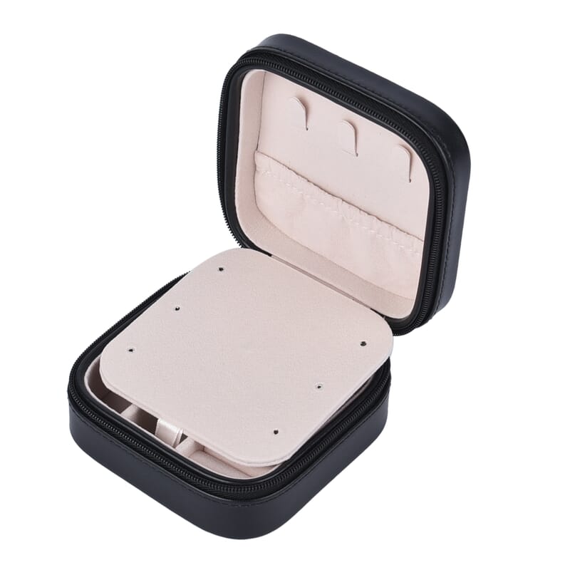 Black Faux Leather Jewelry Box with Zipper and Scratch Protection Interior (Hold up to 6 Rings, Earrings)